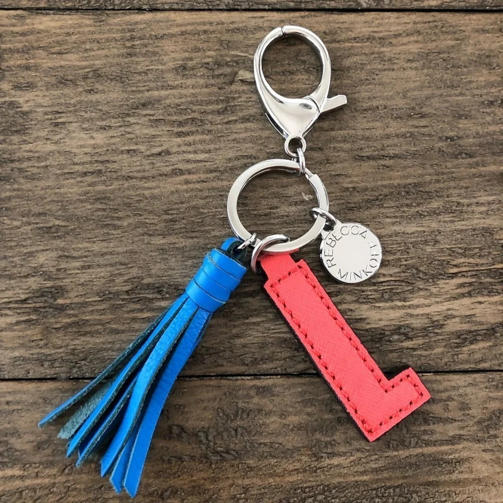 Rebecca Minkoff Silver Tone Leather Initial L Tassel Keychain Key Fob Purse Blue